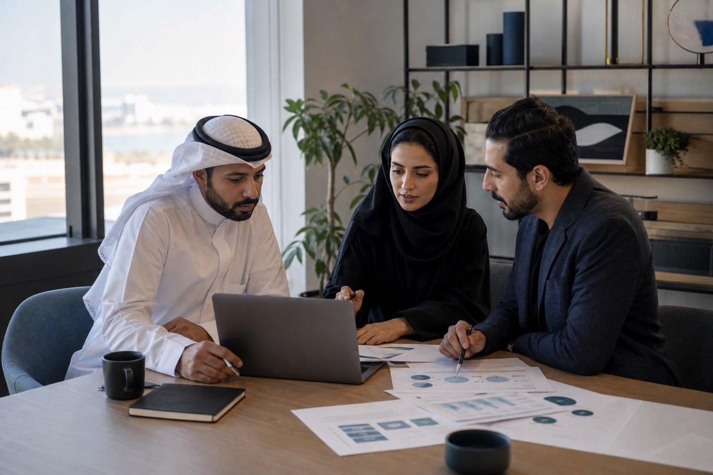 A multidisciplinary Saudi consultancy team reviewing digital strategy and patient-journey evidence together in a Khobar office.