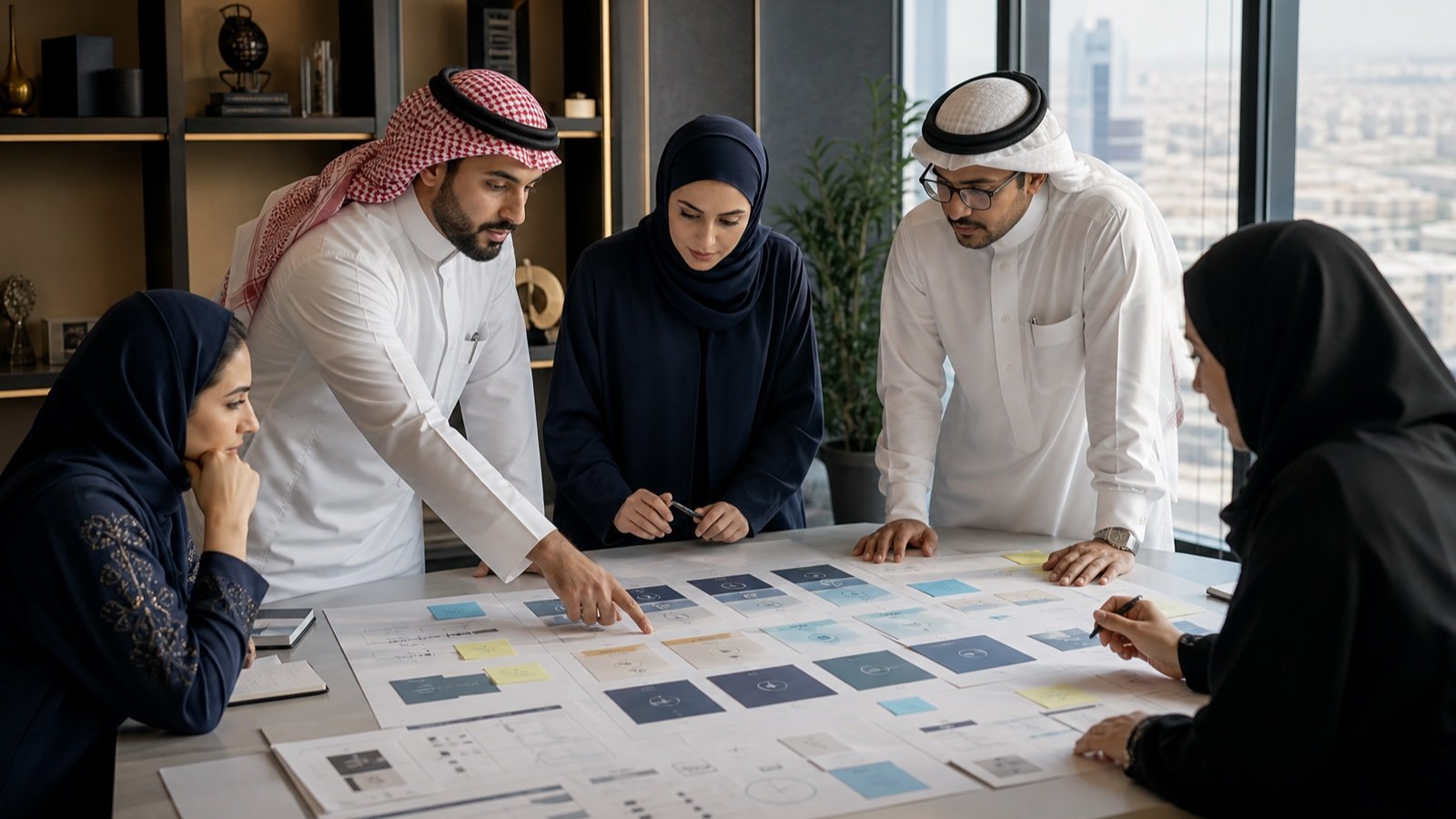 Saudi healthcare leaders mapping a multi-step patient decision journey together in a Khobar strategy studio.