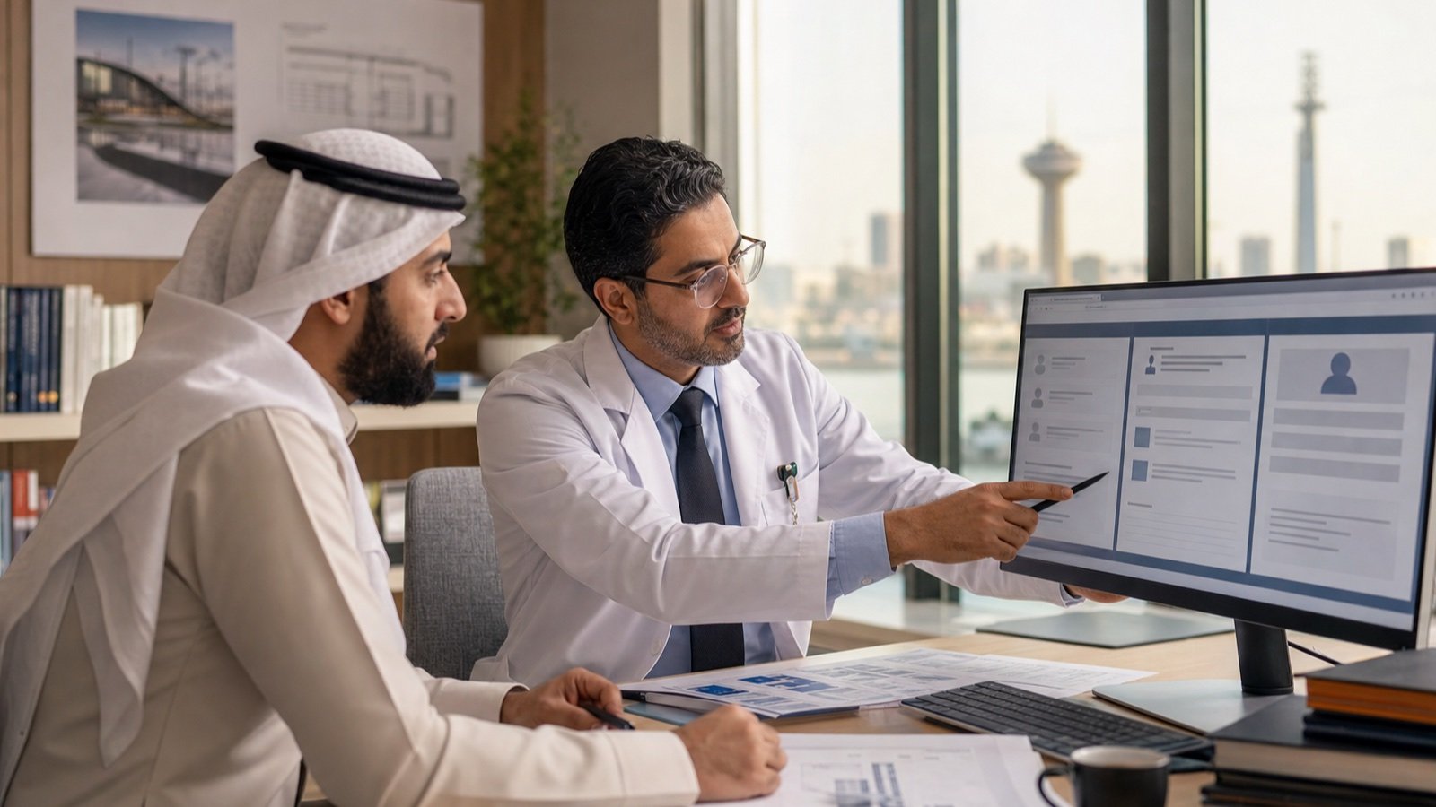 A Saudi specialist physician reviewing how clinical expertise appears across digital channels.