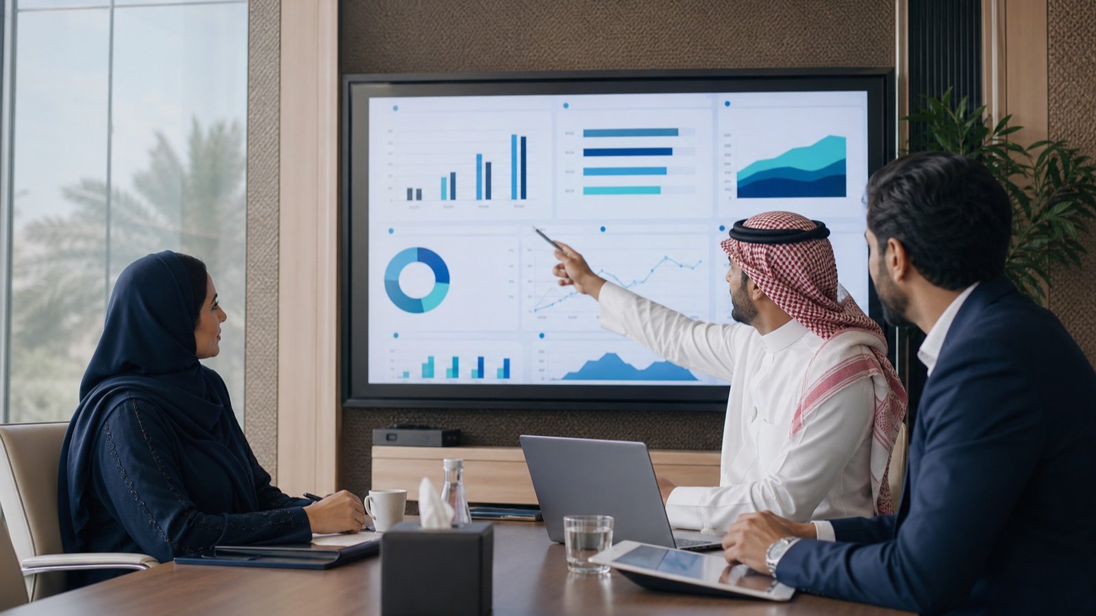 Healthcare executives reviewing a decision-grade growth dashboard in a Khobar office.