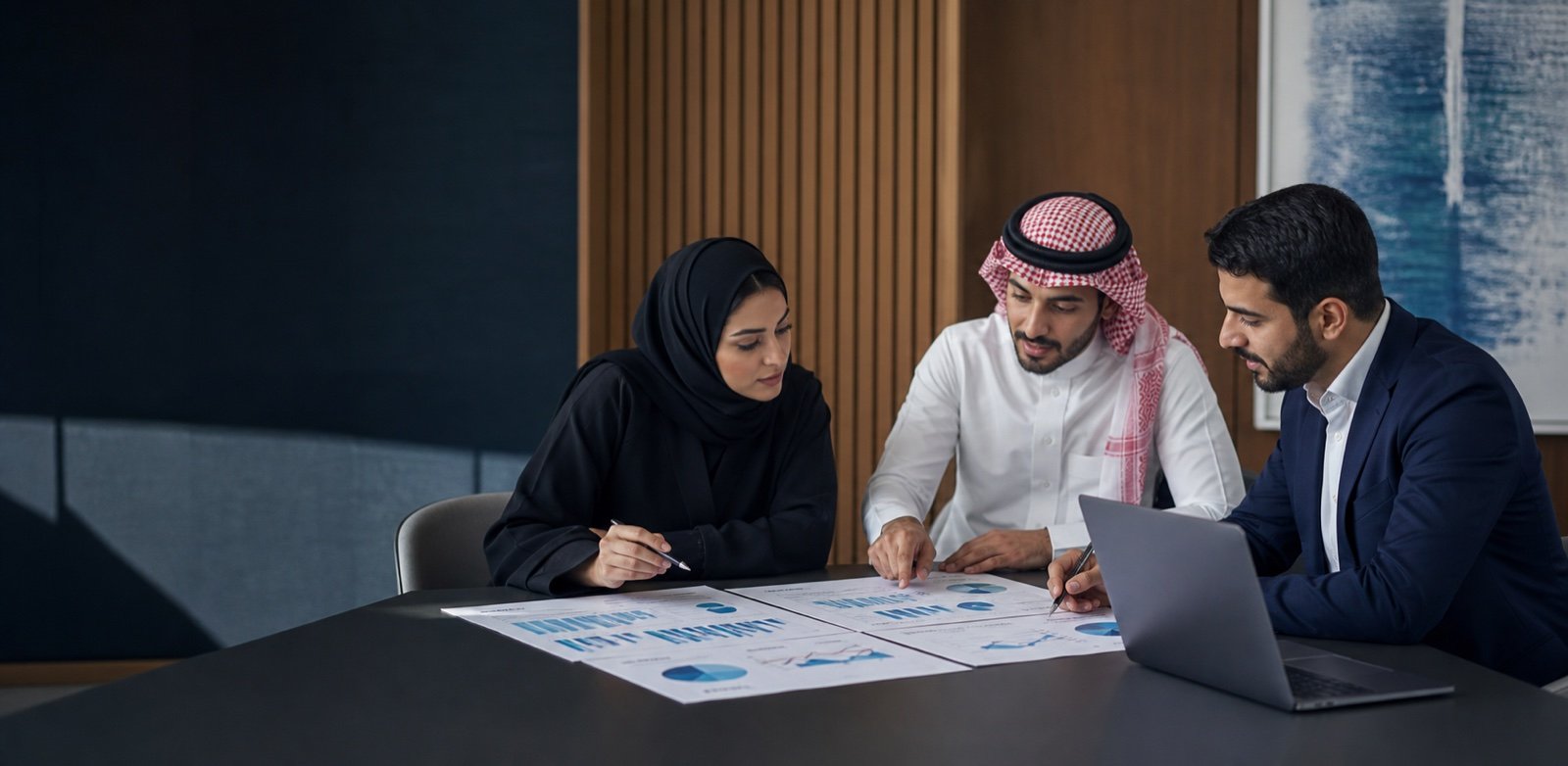 A Saudi research team reviewing healthcare growth evidence together