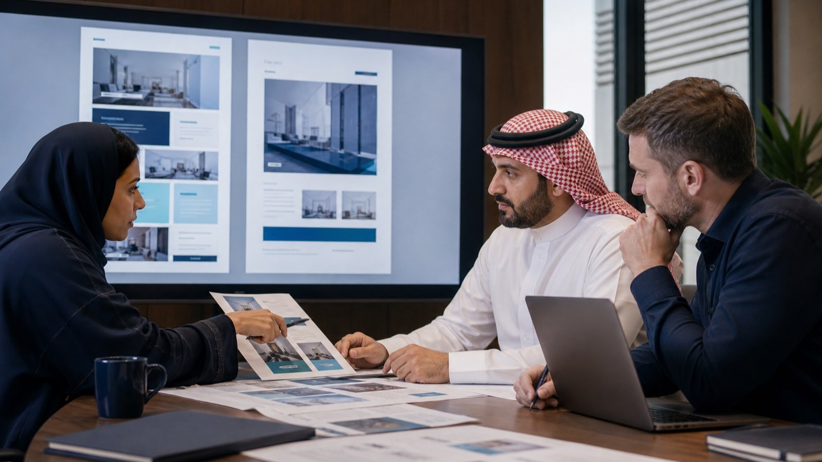 A Saudi editorial team reviewing Arabic and English healthcare content together.