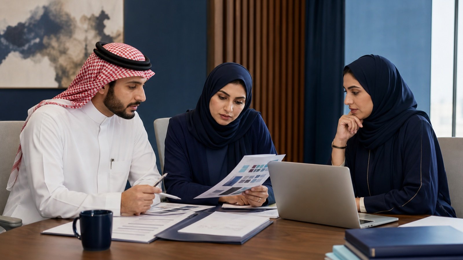 Marketing, legal and clinical leaders reviewing a Saudi healthcare campaign before approval.